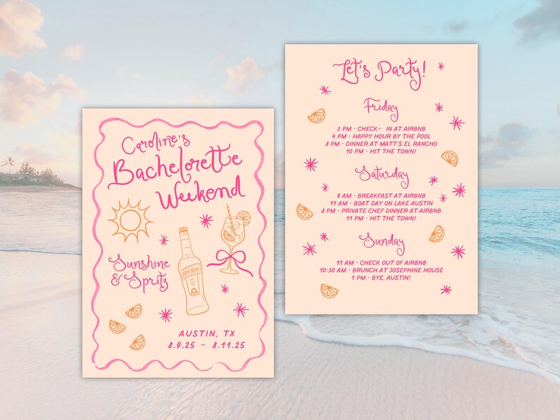 Flat lay of pink and orange editable bachelorette itinerary on a beach-inspired background. Canva template features a playful and modern design, ideal for coordinating with printable invitations, signs, and custom party details. Great for summer party themes like Last Spritz or Final Fiesta.