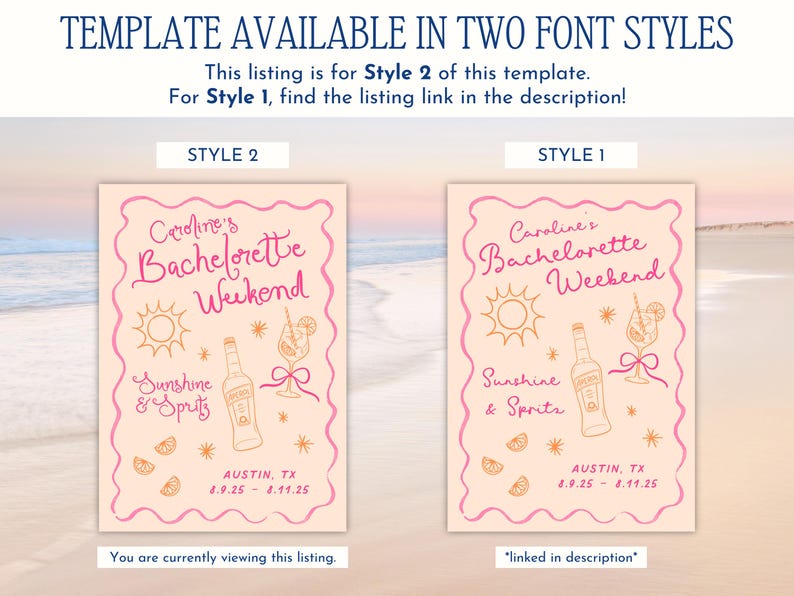 This template is available in two font styles. Style 1 and Style 2 feature the same design with different fonts. Image reads: 'Template available in two font styles – This listing is for Style 1. For Style 2, find the link in the description.'

Style 1 features a hand-drawn cursive font that is feminine and chic, while still playful.  Style 2 features a whimsical and swirly hand-drawn font with large flourishes.