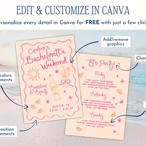 Preview graphic showing how easy it is to edit the Canva template from The Party Cat. Includes a screenshot of the template on a desktop computer and text highlighting fully customizable fonts, colors, and layouts. No Canva Pro required. Ideal for digital bachelorette invitations, printable party itineraries, and editable event templates.