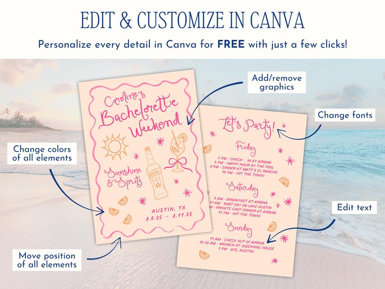 Preview graphic showing how easy it is to edit the Canva template from The Party Cat. Includes a screenshot of the template on a desktop computer and text highlighting fully customizable fonts, colors, and layouts. No Canva Pro required. Ideal for digital bachelorette invitations, printable party itineraries, and editable event templates.
