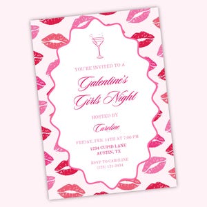 Editable Galentine&#39;s Day Party Invitation Template | Valentines Girls Night Canva Invite, Fun Lipstick Kiss Design, Customizable Girls Night