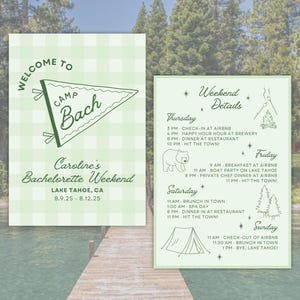 Camp Bachelorette Party Itinerary Template | Camping Bachelorette Weekend, Camp Bach, Lake Tahoe Bachelorette, Last Trail Before The Veil