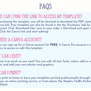 FAQ page for The Party Cat’s editable Canva template, answering common questions about accessing the link, customizing the design, downloading, and printing the final file. Helps users confidently personalize their bachelorette party itinerary or invitation. Includes The Party Cat logo and covers details about using Canva for free, print options, and troubleshooting tips. Ideal for digital party templates and printable event stationery.