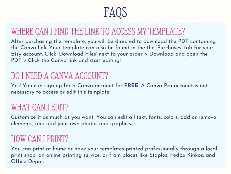 FAQ page for The Party Cat’s editable Canva template, answering common questions about accessing the link, customizing the design, downloading, and printing the final file. Helps users confidently personalize their bachelorette party itinerary or invitation. Includes The Party Cat logo and covers details about using Canva for free, print options, and troubleshooting tips. Ideal for digital party templates and printable event stationery.