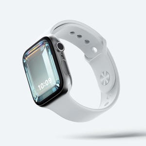 Può includere: Uno smartwatch argentato con cinturino bianco, che mostra l'ora 10:09 sullo schermo. L'orologio ha un quadrante rettangolare con angoli arrotondati e un pulsante laterale. Il cinturino bianco è fissato con una fibbia.