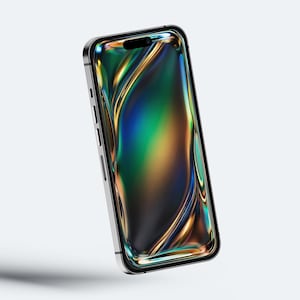 May include: A silver smartphone with a vibrant, abstract display featuring flowing, iridescent colors of green, gold, and blue. The phone has a sleek, modern design with a black screen and a metallic frame.