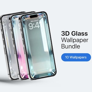 Peut inclure: Trois smartphones affichés sous un angle, chacun présentant un fond d'écran à effet verre 3D avec une bordure réfléchissante. Le texte 3D Glass Wallpaper Bundle et 10 Wallpapers est visible à droite, avec la date et l'heure 9:41.