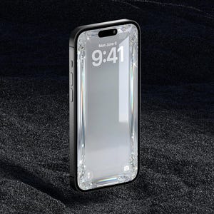 May include: A black smartphone with a diamond-encrusted bezel, displaying the time as 9:41 on the screen. The phone is set against a dark, textured background, creating a luxurious aesthetic.
