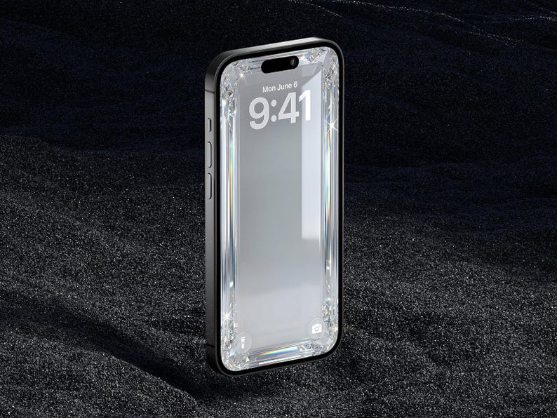May include: A black smartphone with a diamond-encrusted bezel, displaying the time as 9:41 on the screen. The phone is set against a dark, textured background, creating a luxurious aesthetic.