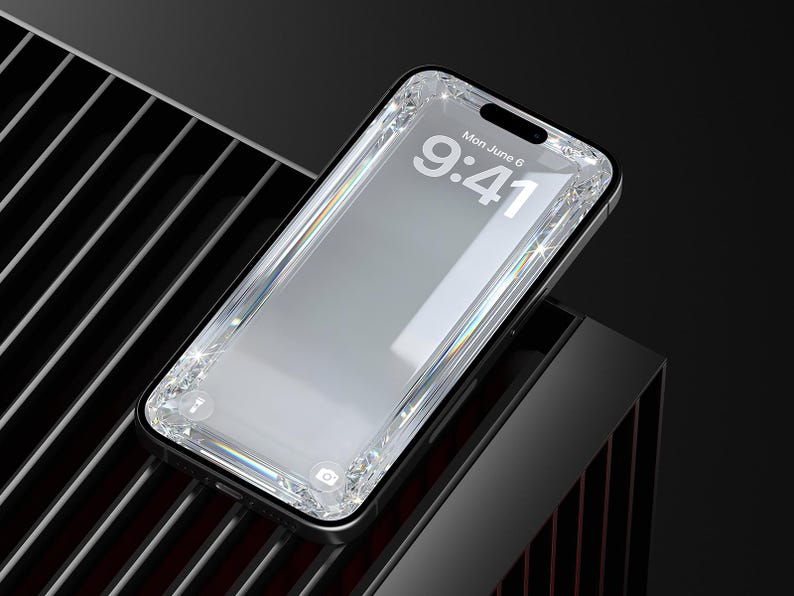 May include: A smartphone with a diamond-encrusted bezel, displaying the time as 9:41 on the screen. The phone is set against a dark, textured background with a black and silver design.