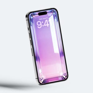 May include: A silver smartphone with a clear case, displaying a gradient purple and pink screen. The screen shows the date "Mon June 6" and the time "9:41". The phone is slightly angled, with a shadow beneath it.