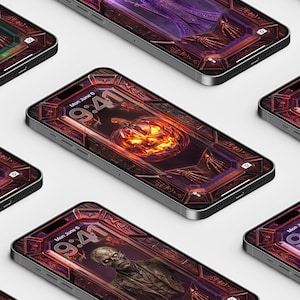 May include: Multiple smartphones displayed at an angle, each featuring a digital wallpaper with a dark, gothic-inspired frame. The screens show a glowing jack-o'-lantern, a zombie figure, and other dark fantasy elements with the time 9:41.