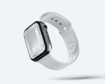 May include: A silver smartwatch with a white band. The watch face displays the time 10:15. The band has a pin and hole closure. The watch is shown against a white background.