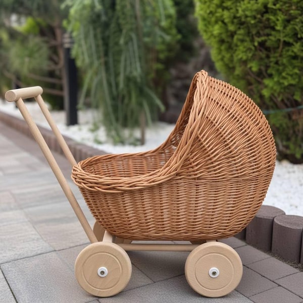 Handmade Wicker Doll Stroller, Natural Rattan Baby Carriage, Boho Nursery Decor