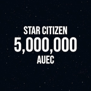 Op de afbeelding: Een donkerblauwe achtergrond met een veld van kleine witte sterren. De tekst STAR CITIZEN staat bovenaan in het wit gedrukt, gevolgd door het grote witte getal 5.000.000 en de witte tekst AUEC gecentreerd onder het getal.