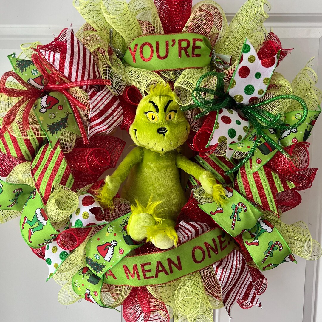 Grinch Deco Mesh Wreath Grinch Centerpiece & Ribbons for Christmas ...