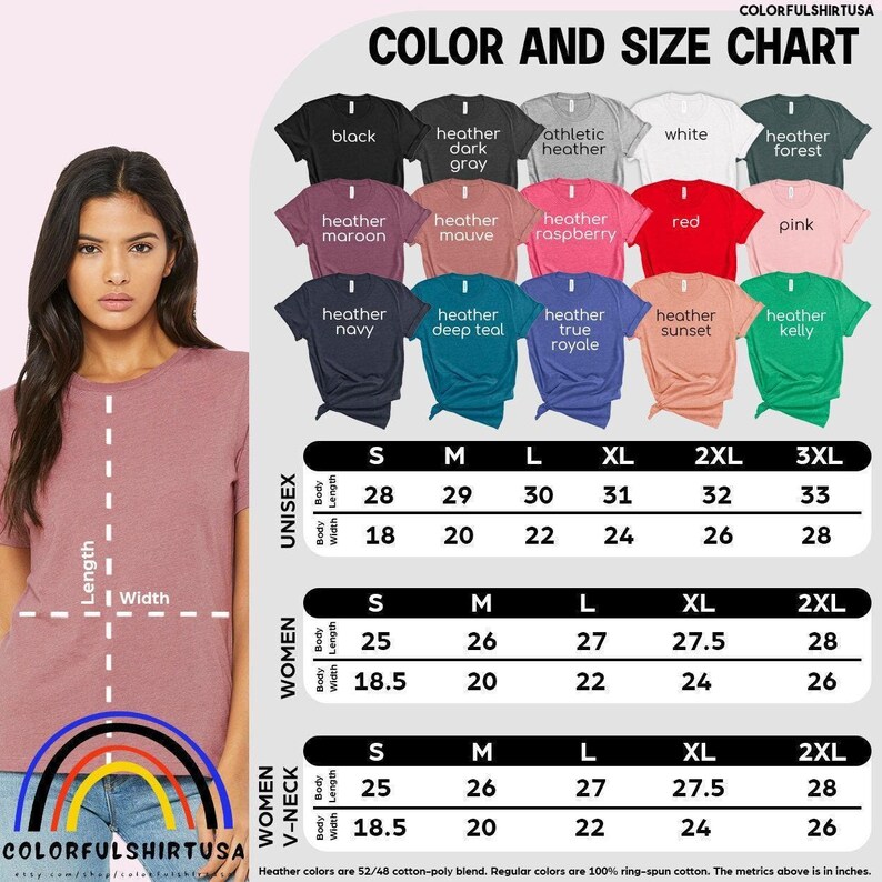 Peut inclure: Une femme porte un t-shirt mauve, &agrave; c&ocirc;t&eacute; d'un tableau des couleurs et des tailles. Le tableau affiche diff&eacute;rentes couleurs de t-shirts, dont noir, rouge et marine, avec des mesures en pouces pour les styles unisexe, femmes et col en V pour femmes.