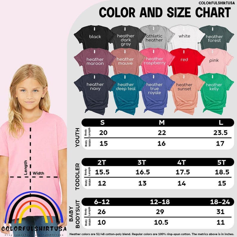 Peut inclure: Tableau des couleurs et tailles pour jeunes, tout-petits et barboteuses pour b&eacute;b&eacute;s. Le tableau affiche diverses couleurs de t-shirts, dont le noir, le gris chin&eacute; et le rouge, avec des mesures en pouces. La marque est ColorfulShirtUSA.