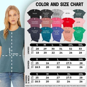 The image is a color and size chart featuring a woman standing next to a collection of t-shirts in various colors and sizes.
