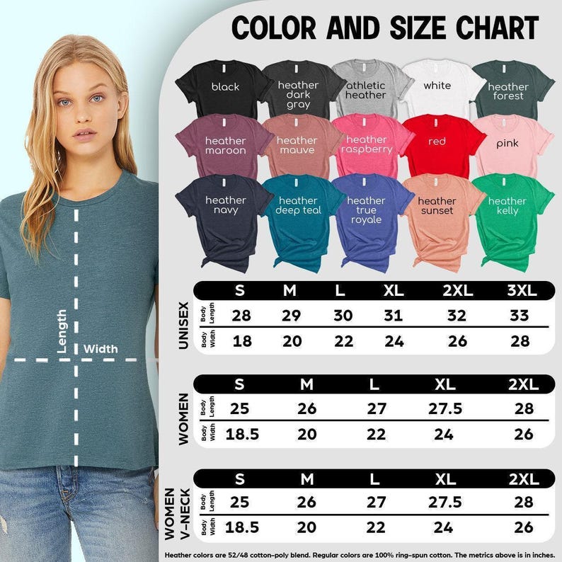 The image is a color and size chart featuring a woman standing next to a collection of t-shirts in various colors and sizes.