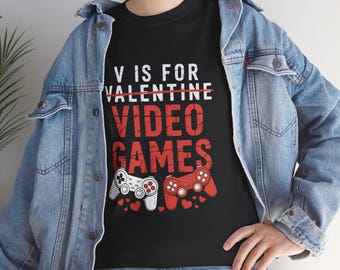 V Is For Video Games Tee | Valentine Gaming Controllers Heart
