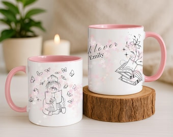 drunkLY book mug with name - personalized ceramic mug - for bookworms - booklovers (pink)