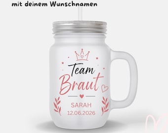 Personalized Bride Team Glass – Bachelorette Party Gift, Satin Mason Jar with Names for the Bachelorette Crew