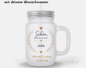 Personalized wedding favor – Satin-finished Mason jar glass with names, lid, straw, wedding gift for bride and groom & guests