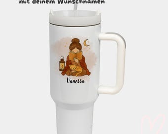 Personalized Stainless Steel 40oz Thermos Mug – Tumbler Cup with Straw – For Hot & Cold Drinks – Gift Idea for Book Lovers