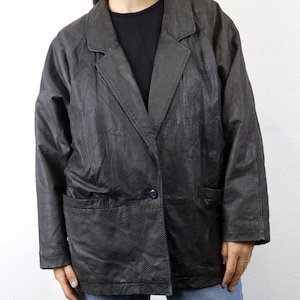 Vintage 90s Textured Black Blazer Leather Jacket | 100% Genuine Soft Leather Woman Blazer M-L Classic  Style Vintage Unique Piece
