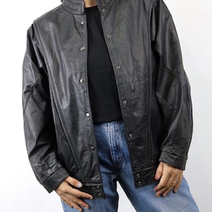 Vintage Black Leather Classic Jacket with Snap Buttons M-L| Unique Button Detail Timeless Soft Genuine Leather Jacket
