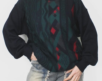 Vintage Argyle Wool Sweater Allison WinCate | Green Red Diamond Knit | Unisex M–L