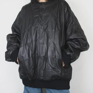 Patchwork Leather Jacket | Oversized Anorak | M–L Men / L–XL Women | Geometric Mosaic | 100% Genuine Leather