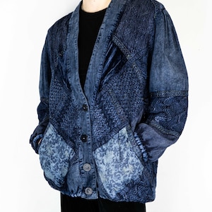 Vintage Denim Patchwork Cardigan: 90s Boho Oversize Sweater (M-L)