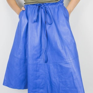 Vintage Blue Leather Midi Skirt: Genuine Leather, L-XL
