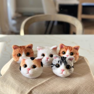 May include: Five felted wool cat heads in different colors and patterns. The cats are all looking at the camera. The cats are sitting on a light brown fabric surface.