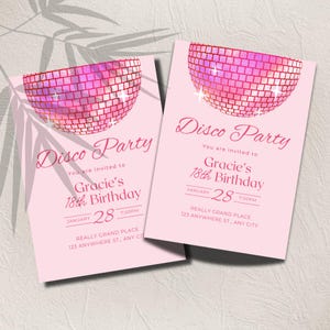 Discofeest verjaardagsuitnodiging tienermeisje feestuitnodiging, coquette roze discotijdperk, bewerkbare funky disco verjaardagsontwerp afdrukbaar, kaartontwerp