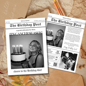 Peut inclure: Deux invitations d'anniversaire de style journal en noir et blanc. La première présente une photo d'une personne souriante tenant un gâteau avec des bougies allumées. Le texte comprend "ITS CANCER SEASON!" et "cheers to the Birthday Girl!"