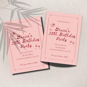 Bearbeitbare Rosa 28. Geburtstagseinladung, Erwachsene Geburtstagsessenparty, digitale Einladung, Geburtstagsentwurfsvorlage, Kokett Rosa Girly Karte