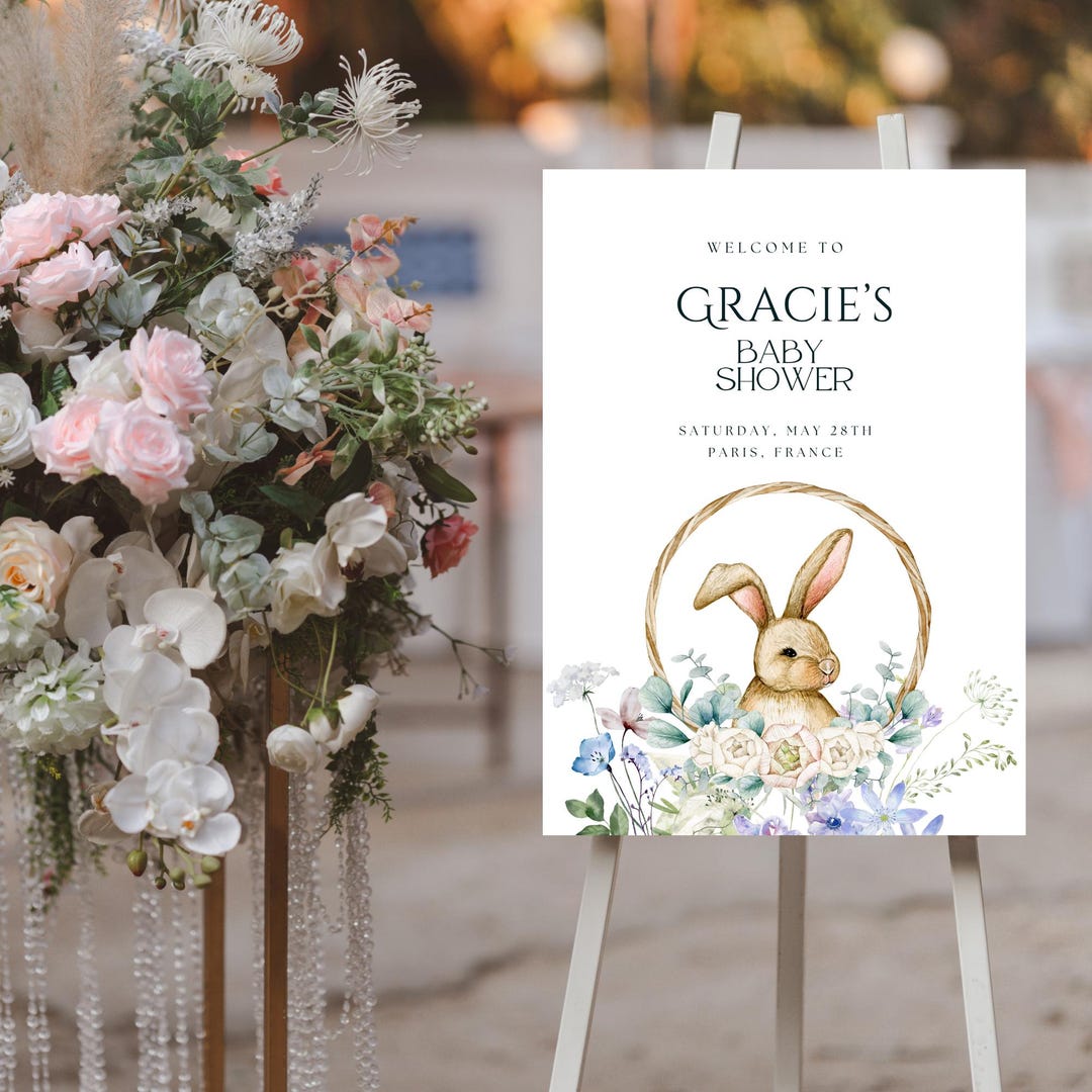 Editable Rabbit Baby Shower Welcome Sign Template, Bunny Floral Spring ...