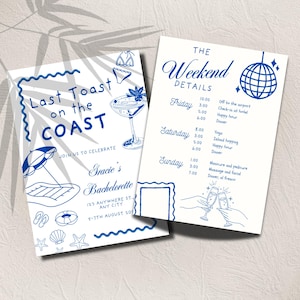 Bachelorette Einladungsvorlage Last Toast on the Coast Design Strand Thema Bachelorette Einladung und Reiseplan Vorlage Party lädt ein