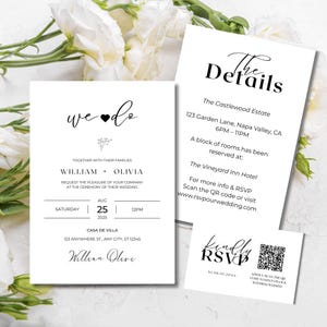 Wedding Invitation Suite Templates, Modern Minimal Invite Script Set, Details Card, Modern QR Code Rsvp, Editable Digital Template Bundle