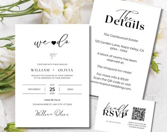 Modello di invito di nozze minimalista, codice QR RSVP moderno (modificabile con Canva)