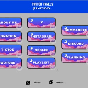 Peut inclure: Un ensemble de 10 panneaux Twitch avec un dégradé de couleurs violet et rose, représentant des nuages et une lune croissante. Les panneaux comprennent des textes tels que "À propos de moi", "Donation", "TikTok", "YouTube", "Instagram", "Commandes", "Discord", "Règles", "Planification", et "Playlist".