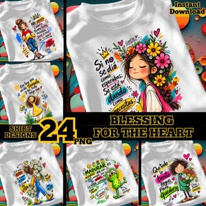 May include: A collection of white t-shirts featuring various graphic designs with illustrations of people and a frog, accompanied by Spanish text phrases such as Si no se dio como esperabas, se está dando como necesitas, and colorful floral accents.