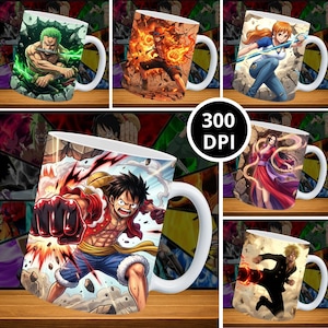 Puede incluir: Seis tazas de cerámica blancas con diseños de personajes de anime coloridos. Las tazas muestran varios personajes en poses de acción con fondos vibrantes. La imagen incluye el texto "300 DPI".