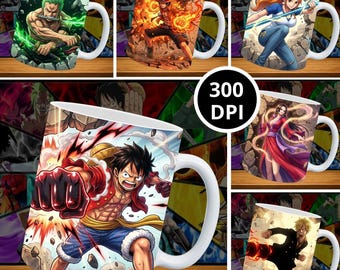 以下が含まれることがあります： カラフルなアニメキャラクターのデザインが施された、白いセラミックマグカップが6つ。マグカップには、鮮やかな背景で様々なキャラクターがアクションポーズで描かれています。画像には「300 DPI」の文字が含まれています。