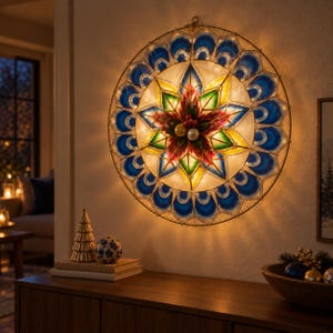May include: A circular wall-mounted light fixture featuring a multi-layered star design with translucent white, blue, yellow, and green panels. The center is decorated with red berries and gold ornaments, illuminated from within by warm internal lighting.