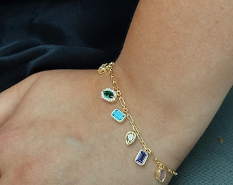 Baguette Bracelet, Crystal Bracelet, Multicolor Bracelet, Layering Bracelet, Colorful Charm Bracelet, Dainty Bezel Bracelet
