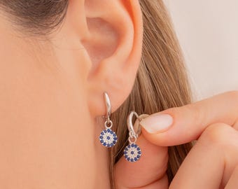 Dainty Evil Eye Stud Earrings, Silver Studs, Elegant Minimal Classic Small Hoops, Iris Huggie Hoops, Sterling Silver Hoop Dangle